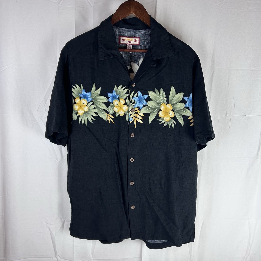 Caribbean Joe Men's Small Short Sleeve Shirt Hawaiian Floral‎ Black Rayon
